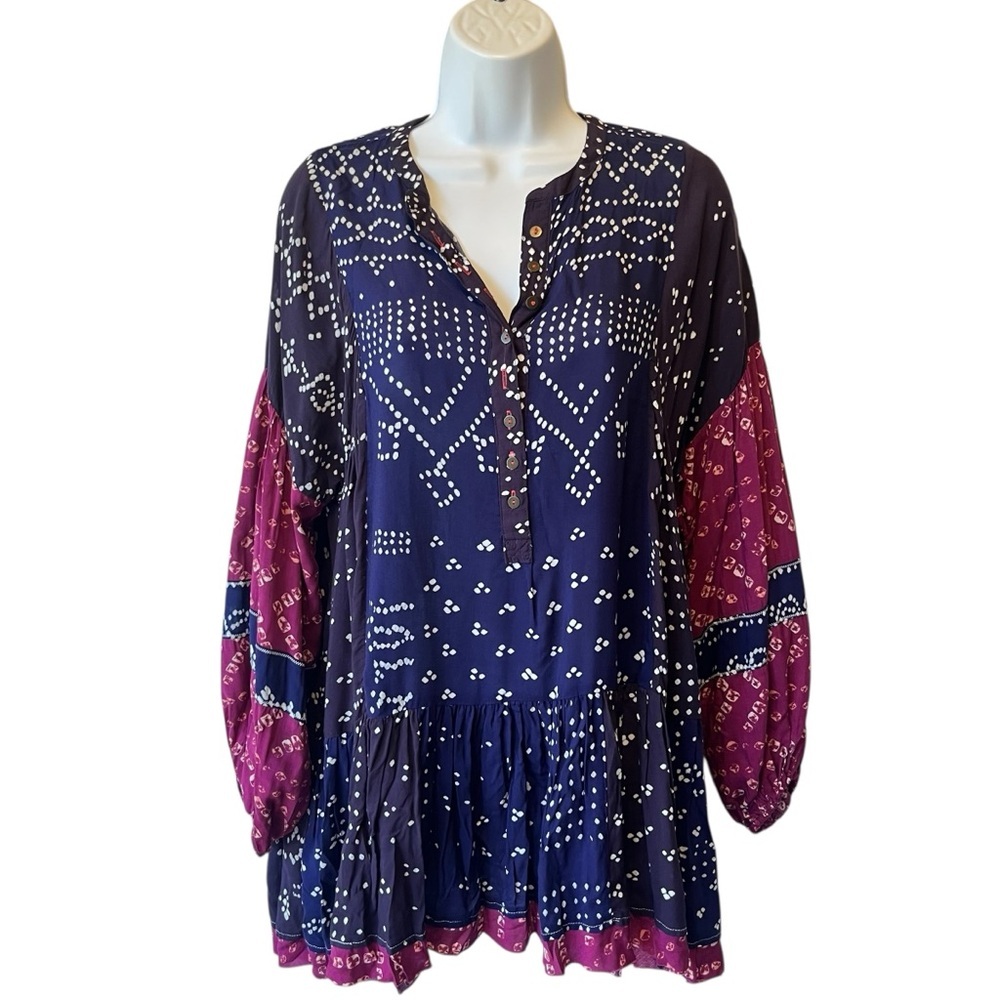 Free People Shibori Mini swing dress Tunic blouse XS Long balloon sleeves top - Picture 3 of 10